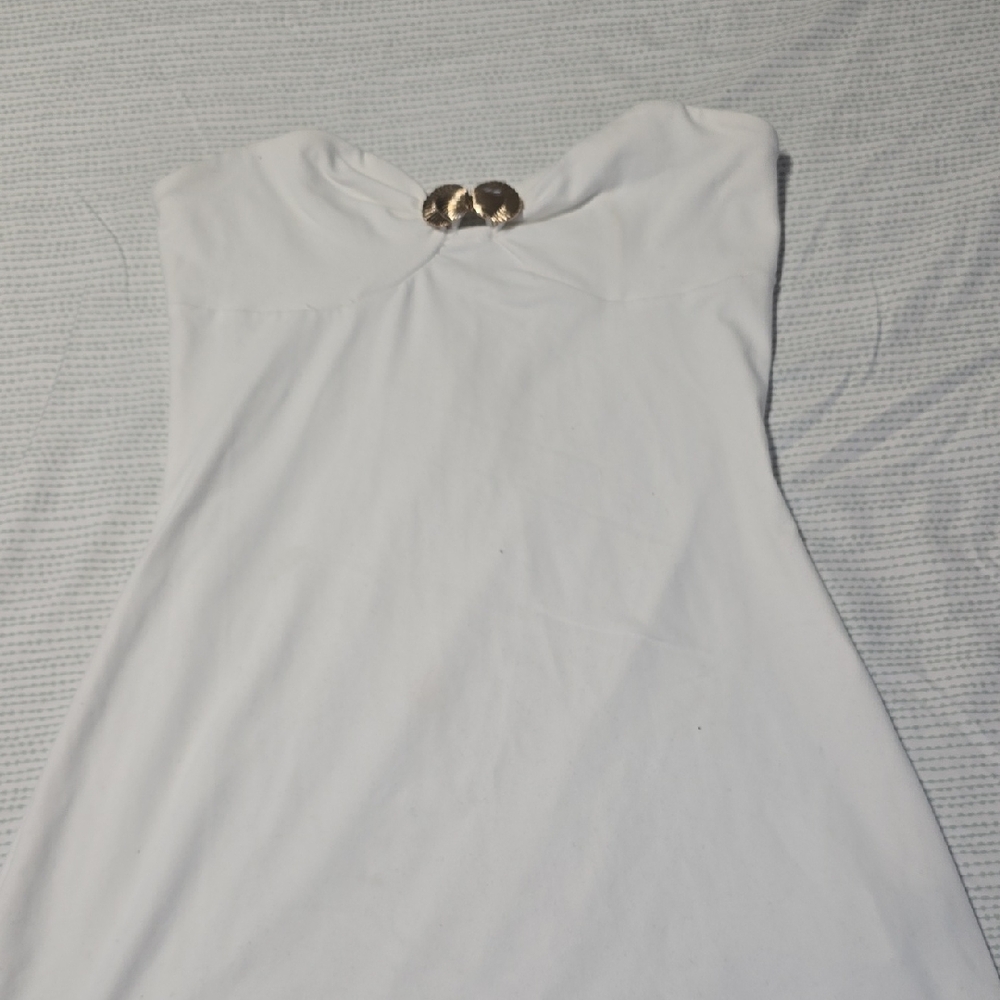 SHEIN White Strapless Dress with Gold Accents